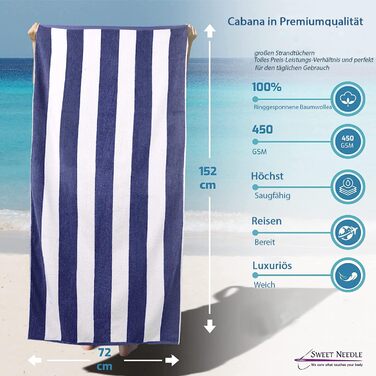 Пляжний рушник SweetNeedle Cabana, класичний смугастий, 100% бавовна, махровий, швидковисихаючий, 450 г/м², для басейну, набір 2 шт, для дорослих, королівський синій, 76x152 см