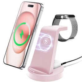 Бездротова зарядка 3-в-1 15W для iPhone 17 Pro Max/Plus, Apple Watch Ultra/SE, AirPods Pro - Рожева