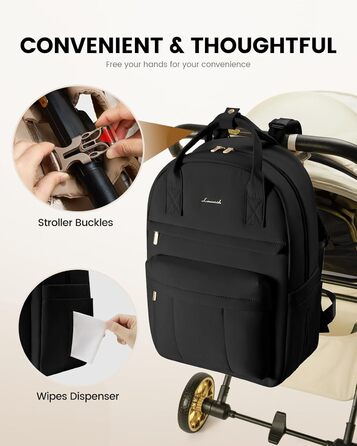 Рюкзак-переноска LOVEVOOK для мами та тата: рюкзак-сумка для догляду за дитиною з пеленальною підкладкою та ременями для дитячої коляски, чорний M