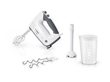 Ручний міксер Bosch ErgoMixx MFQ37470 з блендером, чашею та гаками для тіста, нержавіюча сталь, 750 Вт, 5 швидкостей + Turbo, білий/сірий