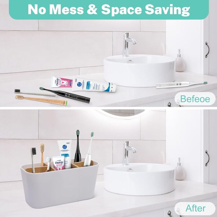 Тримач для зубних щіток з бамбуковими перегородками, органайзер для зубних щіток та пасти, для ванної кімнати, офісу, сім'ї, білий
