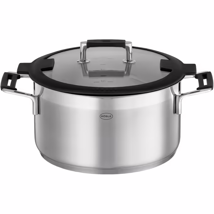 RÖSLE SILENCE PRO Cooking Pot, High-quality universal pot made of stainless steel 18/10, 24 cm, glass lid, internal scale, induction-compatible, dishwasher-safe, Silver/Black Ø 24 cm Cooking Pot