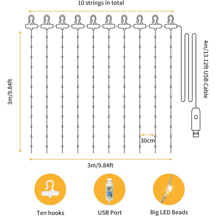 Лампочки-завіса USB Hoteril 3x3м, 300 LED, 8 режимів, пульт, таймер, IP65, для декору, вечірки, кімнати (тепле світло)