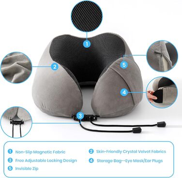 Подушка для шиї Good Nite для подорожей, авто та дому. Ергономічна подушка з Memory Foam, регульована, сірого кольору.