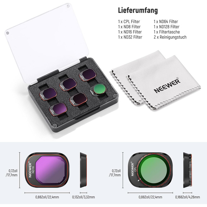 Набір фільтрів ND та CPL NEEWER для DJI Mini 4 Pro: 6 шт. (ND8, ND16, ND32, ND64, ND128, CPL) з ультратонким рамкою