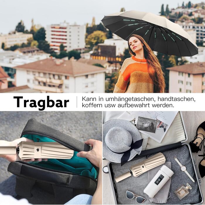 Стійкий до вітру парасолька-тростина, автоматичний, великий, 16 ребер, тефлонове покриття, захист від УФ, бежевий