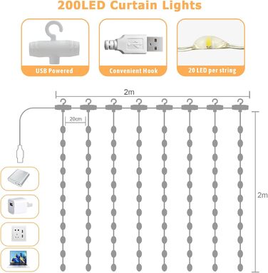 Ланцюжок світлодіодів 2x2м, 200 LED, USB, тепле біле світло для декору кімнати, вечірки, Рамадан, весілля, Різдво