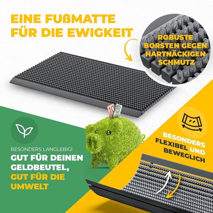 Килимок для порогу Entrando 40x60 см - алюміній, антиковзаючі, для дому, тераси та вхідних дверей - вологостійкий килимок для збору бруду з щітковим профілем - чорний (світло-сірий)