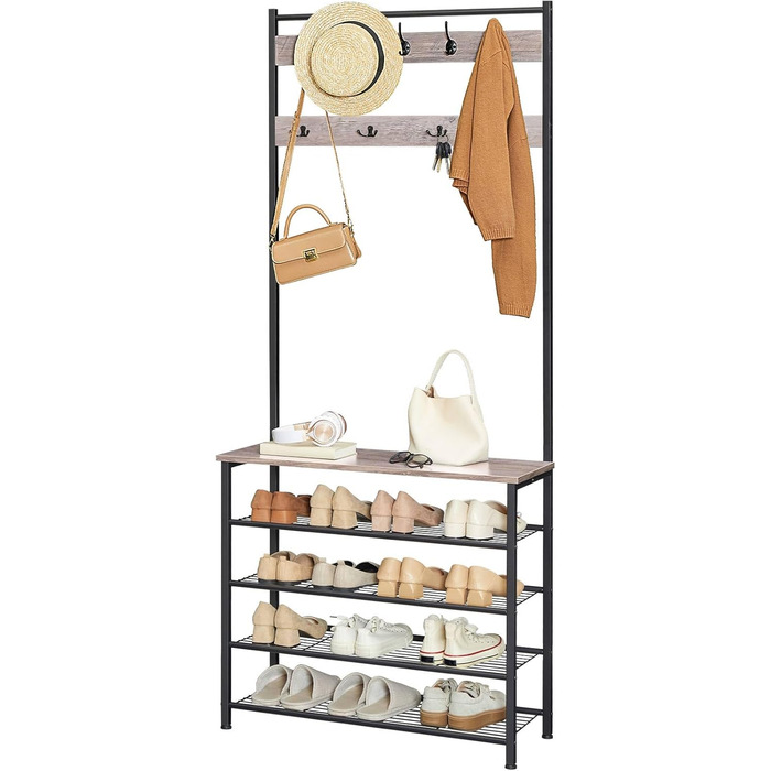 HOOBRO Coat Rack, Shoe Shelf with Coat Rack, Clothes Rack with Shoe Storage, Shoe Cabinet with 5 Shelves, for Entryway, Dark Brown EBF80MT01G2 (Greige + Black)