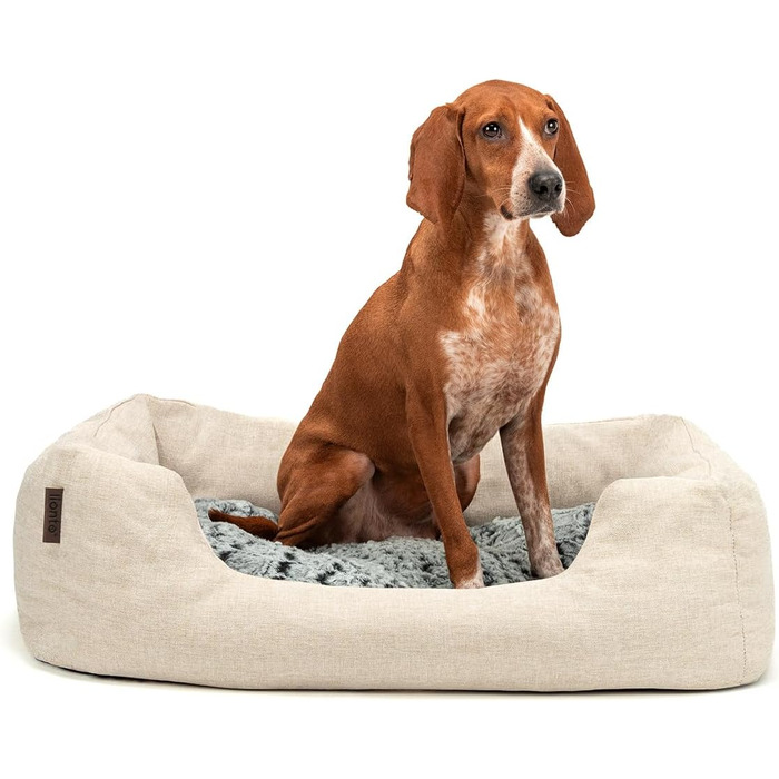 Lionto Dog Cuddler with fluffy reversible cushion, cozy pet bed in heathered design with deep entry for dogs & cats of all sizes, 80x60 cm, soft dog bed, beige