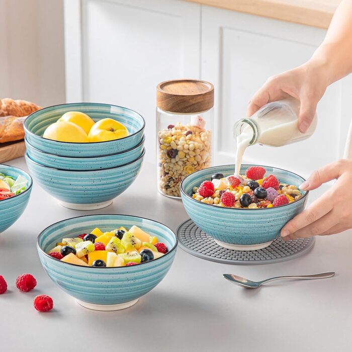 Набір керамічних мисок Vancasso Bonbon (6 шт., 840 мл) – для супу, салату, пасти, мюслі. Керамічні миски для кухні, дому та ресторану, блакитні