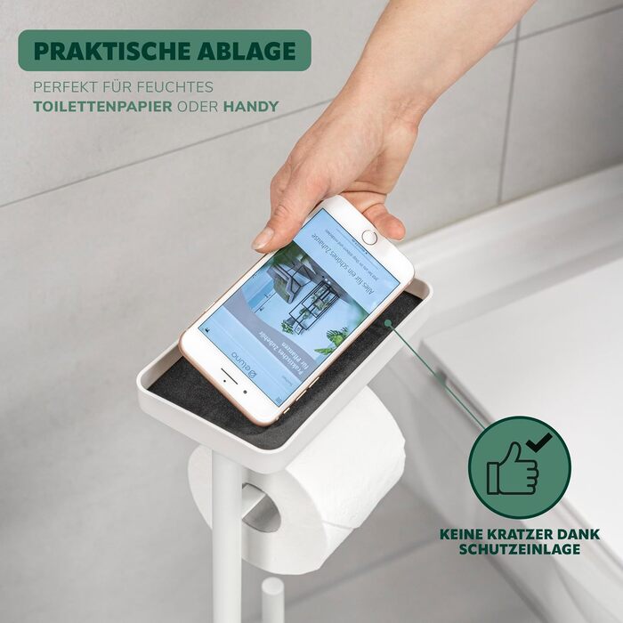 Набір для туалету Eluno Stand-WC 4 в 1: підставка, щітка, 2 змінні насадки, тримач для туалетного паперу на 3 рулони, полиця, скляна та металева поверхня (білий)