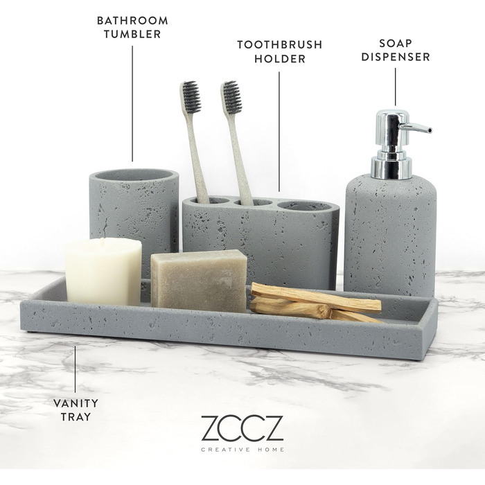 ZCCZ 4-Piece Bathroom Accessory Set, Black, with Soap Dispenser, Toothbrush Holder, Bathroom Tumbler, and Vanity Tray, Decorative Countertop Organizer