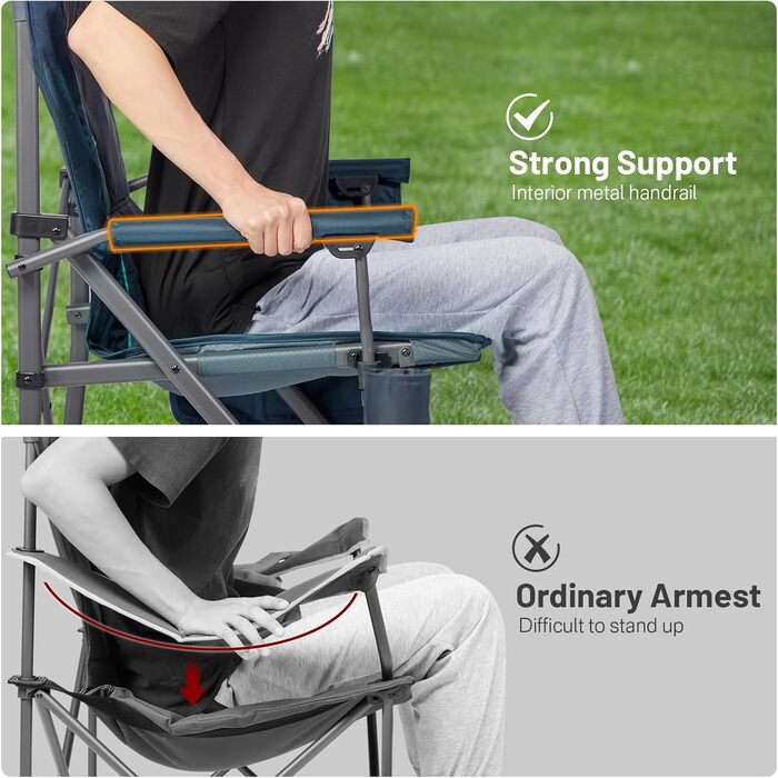 Складний туристичний стілець Timber Ridge XXL (230 кг) з широким сидінням (62 см), високою спинкою, підстаканником та міцними підлокітниками для кемпінгу, пікніка, саду та балкону (Блакитний, 1 шт)