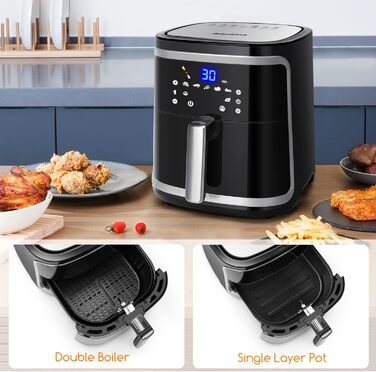 Aigostar Cube - 7L XXL Hot Air Fryer, 1900W Air Fryer, 7 Programs, Keep Warm, 20 Recipes, Oil-Free, for 6-10 People, Air Fryer with Digital LED Touchscreen, Black