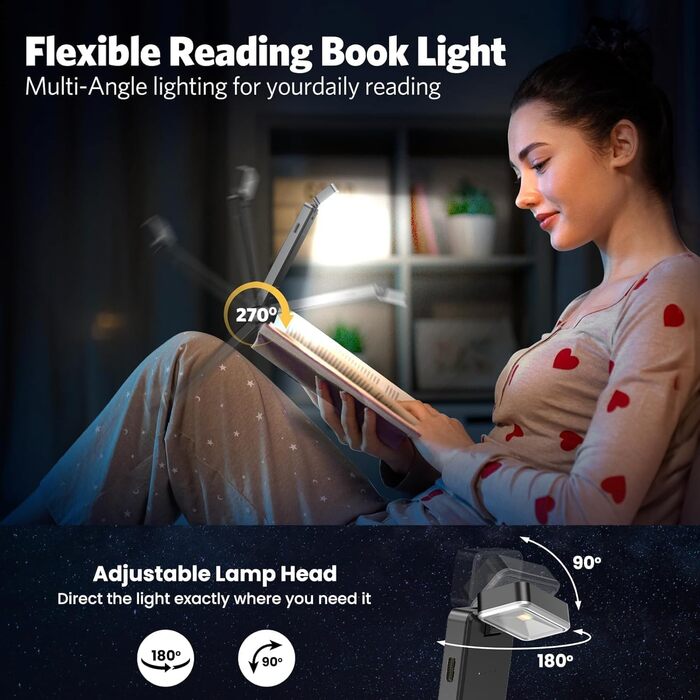 LED лампа для читання Maxtachi - кріплення на книгу, 3 кольори, регулювання яскравості, USB, сірий, для дітей