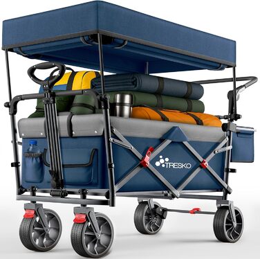 TRESKO® Розкладний візок-валіза з дахом, кишенькою-холодильником та боковими шторами | Валіза-візок, вантажопідйомність до 150 кг | Візок для перевезення з повного гумового покриття та гальмами (передні та задні) та 3-точкова стрічка (Зелений) (Синій)