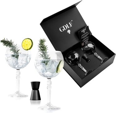 GDLF® Gin Glass Set made of high-quality crystal - Handcrafted - 2 Gin Tonic glasses & double-sided bar measure Black, Aperol spritz glasses, cocktail glasses, Made in Italy