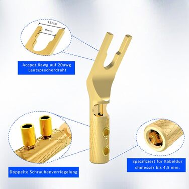 Комплект позолочених роз'ємів-вилок для акустичних кабелів Monosaudio SY1508G, чиста мідь, для кабелів 8-20AWG (до 4мм), 8 шт.