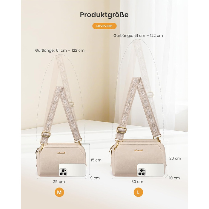 Сумка жіноча LOVEVOOK через плече, бежева: кросбоді, сумка середнього розміру, RFID-захист, 2 ремені 25x15x9 см