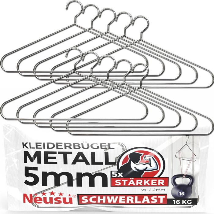 Neusu Clothes Hangers, Metal, Stable, 45cm x 5mm Thick Metal - Extra Strong Coat Hangers in Hotel Quality - (10 Pieces)