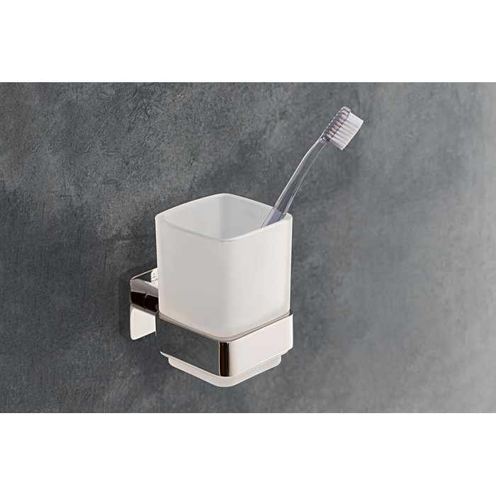 Villeroy & Boch Elements - Striking Toothbrush Holder, Wall-Mountable Toothbrush Holder, Toothbrush Cup Made of Satin Glass with Brass Holder, Square, Chrome