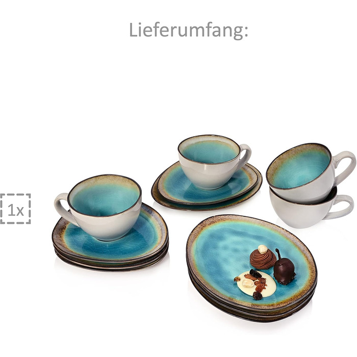 Sänger | Capri Stoneware Coffee Set, Coffee Cup Set for 4 People, Coffee Mugs, Coasters, Plates, 12-Piece Coffee Cup Sets, Stoneware Mug Coffee Set | PREMIUM COLLECTION 12-Piece Coffee Set