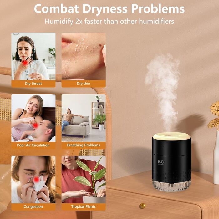 Зволожувач повітря 2L з нічним світлом для дитячої кімнати, дому та рослин, тихий (16dB), автоматичне вимкнення, до 24 годин роботи, білий (чорний)