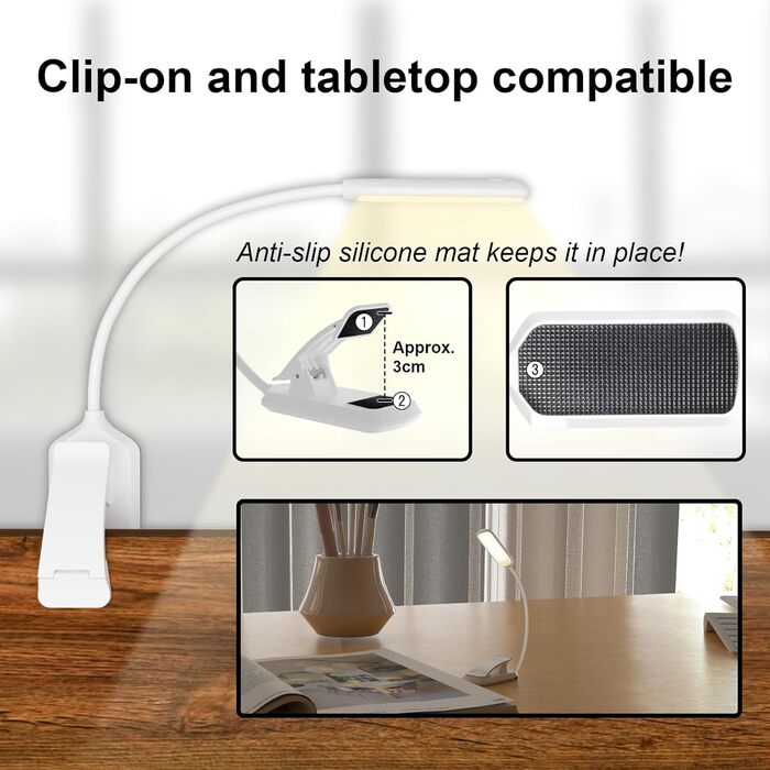 USB LED лампа для читання з кліпсою, 3 режими температури кольору, регульована яскравість, гнучка на 360°, для ліжка, столу та подорожей, біла