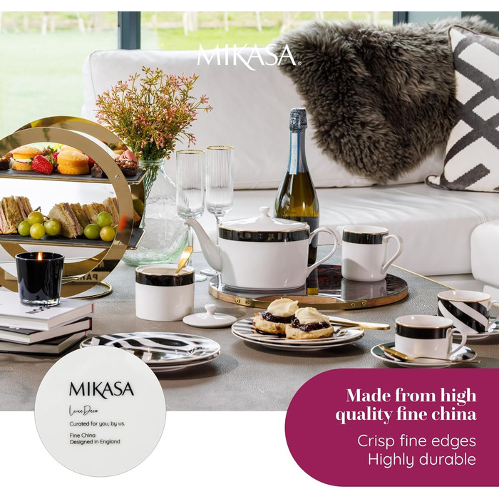 Mikasa Luxe Deco Porcelain Tea Set for One, Tea Set for One Person with Teapot, Cup, and Saucer, Stackable Tea Set, Dishwasher Safe