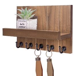 Дерев'яне ключове дощечка з полицею, 5 гачків, для прихожої, спальні, вітальні (колір: коричневий)