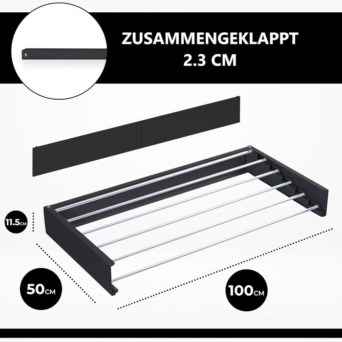 Настінна сушилка для білизни Vonia Wandtrockengestell 100x50 см – компактна та складана. Міцна сушарка для ванної, балкону та квартири – чорна