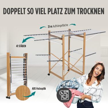 Сушарка для білизни Vitapur XXL з роликами - 2 рівні, 21м довжини, складна, 12см деревоподібний дизайн, мобільна, внутрішня/зовнішня, вантажопідйомність 25кг, 136x69см, економія місця