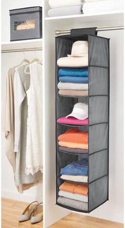 mDesign Тканинна вішалка для одягу з полицями – 6 відділень – сіра та чорна