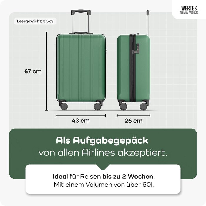 Чемодан великий 100L з TSA замком, жорсткий корпус, подвійні колеса, 67см, зелений