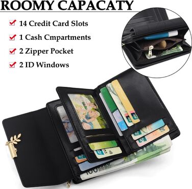 GOUNNU Wallet for Women PU Leather Women's Card Holder RFID Protection Women's Wallet Many Compartments Women's Short Wallet with 14 Card Slots and Coin Pocket Money Bag Women (Black)