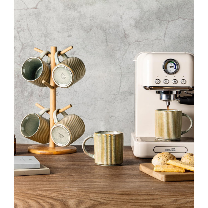 Набір посуду з каменю GBhome на 6 осіб, 18 предметів, ручна робота, реактивна глазур, мікрохвильова та посудомийна безпека, глибокий зелений колір (Desret Salbei), включає чашки (6 шт.)