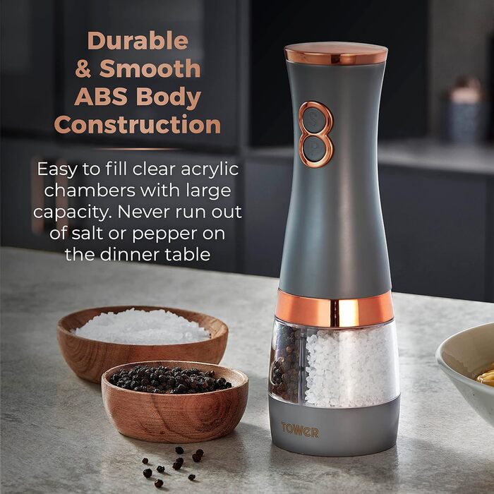 Електричні мельниці для солі та перцю Tower, працюють від батарейок, з регульованими керамічними жорнами, рожеві та рожеве золото T847004PNK (сірий)