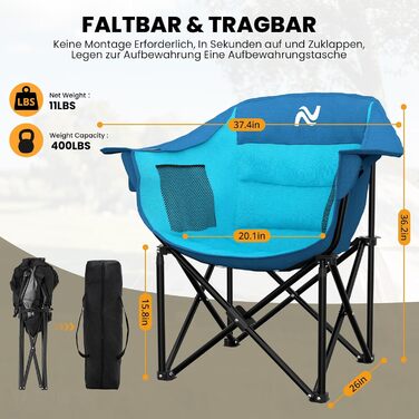 Кемпінговий стілець складаний посилений (200 кг) з подушкою 6 см - для риболовлі, кемпінгу, саду, фестивалів. Зручний стілець з бічними кишенями та сумкою для транспортування (Синьо-блакитний, M)