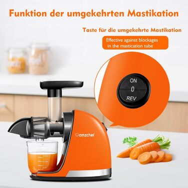 AMZCHEF Juicer for Vegetables and Fruits - Test Winner - Slow Juicer with Reverse-Masticating Function - Gentle Crushing Without Filtering - Electric Juice Press with Brush and 2 Cups - Orange