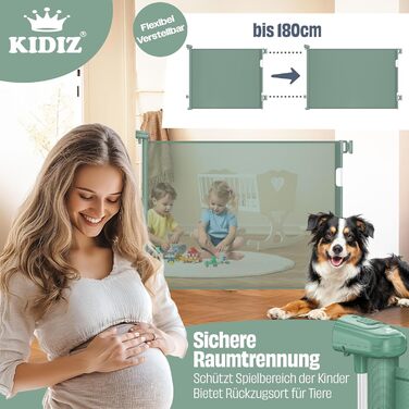 Захист для сходів KIDIZ® - розтяжний захист для дітей та домашніх тварин | Сітка-захист для сходів та дверей | З кріпленням до підлоги та аксесуарами для монтажу (0-180 см, Зелений)