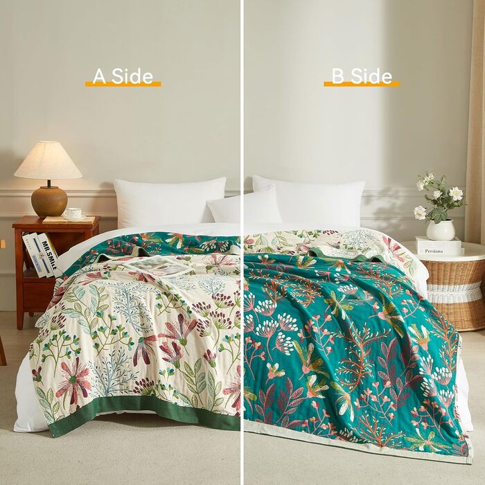 Богемна ковдра Boho 150x200 см, 100% бавовна, двостороння муслінова ковдра, плед для дивану та ліжка, Patchwork, зелено-бежева