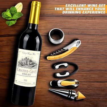 Набір з 5 викруток для вина з форми, аксесуари для вина, подарунковий набір, викрутки сомельє з відкривачем, кришки для пляшок (Золота пляшка 001)