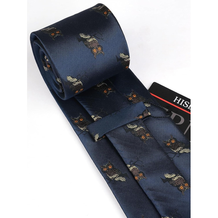 HISDERN Комплект краватки та кишенькового хустинки з принтом тварин для чоловіків, вечірній/діловий стиль, синій/сова, універсальний розмір