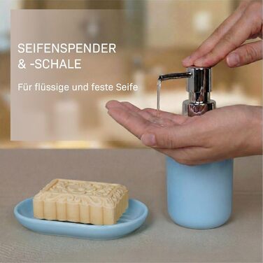 Набір аксесуарів для ванної кімнати 6 предметів, пластик, блакитний: туалетний йоржик, кошик для сміття, стакан для зубних щіток, мильниця, дозатор для мила, декоративна тарілка