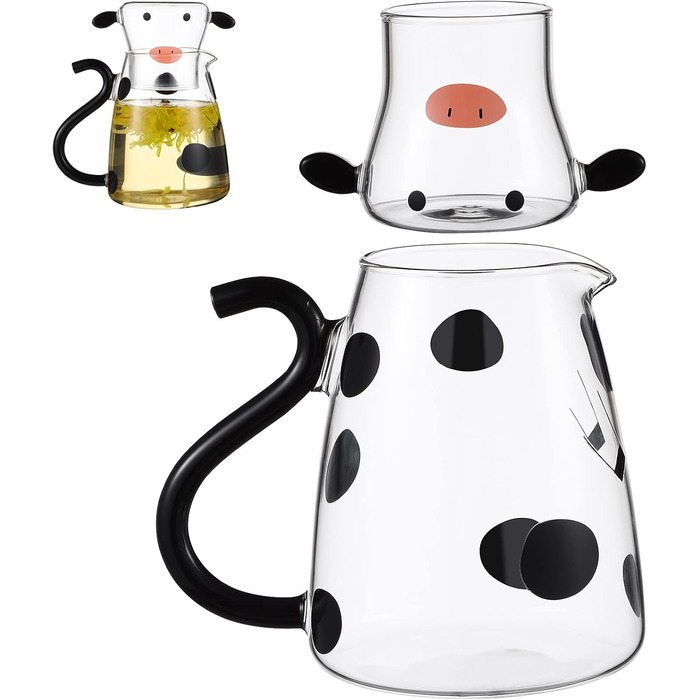 Cabilock Carafe Set with Glasses, Cute Glass Water Jug, Cute Cow Cold Juice Jug 550ml Glass Jug with Lid for Fruit Juice, Iced Tea, Milk, Cold Water Bottle, Glass Water Jug, Black, White