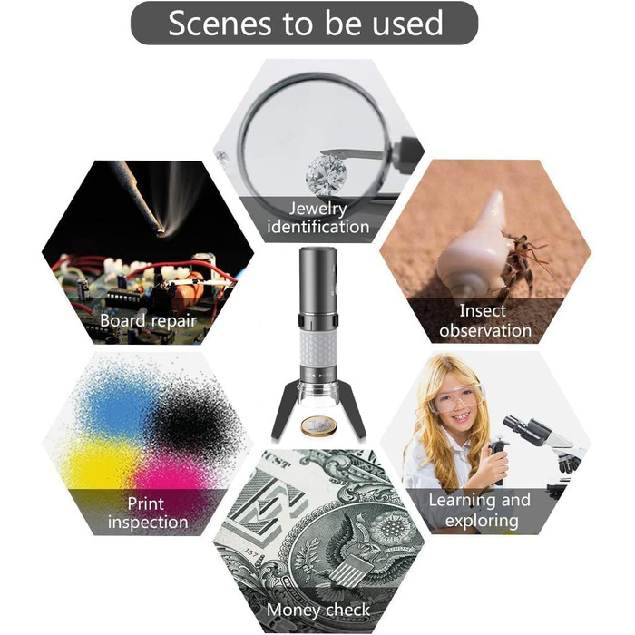 Цифровий мікроскоп Jiusion WiFi USB з підключенням до iPhone, iPad, Android, Mac, Windows, Linux, Chrome, 50-1000x збільшення, 4K камера, 8 LED, металевий штатив
