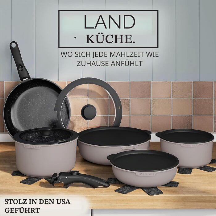 Набір посуду Country Kitchen (16 предметів): каструлі та сковороди з антипригарним покриттям, знімні Soft-Touch ручки, для дому та кемпінгу, підходять для духовки, сірий