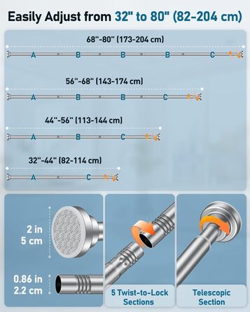 Штанга для душу Uniclife без свердління, 82–204 см, регульована, нержавіюча сталь, для ванної, вікна, шафи, срібна