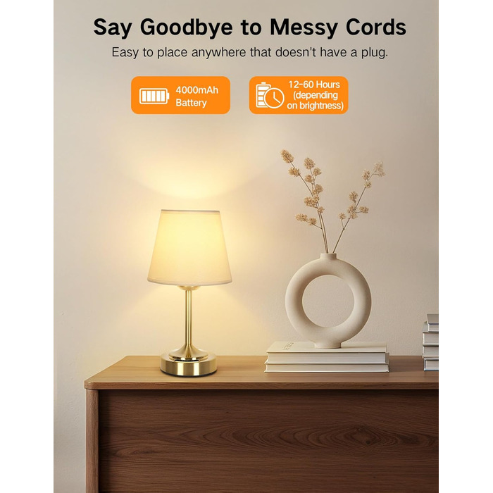 Акумуляторна LED настільна лампа OUTON з зарядкою та димером, 3 кольори світла, 4000mAh, до 60 год роботи, золота - 1 шт.